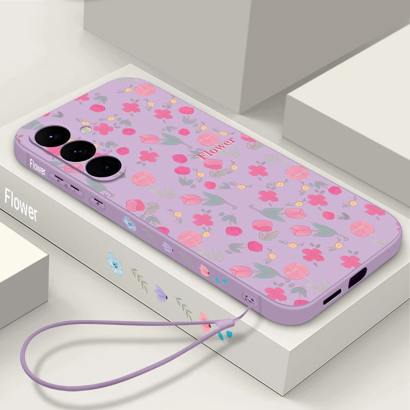 Blue Flower Pattern Phone Case For Samsung Galaxy A57 A17 A56 A16 A55 A15 A54 A36 S25 FE S26 S24 S23 S22 Ultra TPU Lanyard Cover