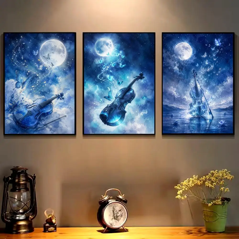 Moonlight Violin Melody Painting Calligraphy Canvas Wall Aesthetic Prints and Posters for  Birthdays Living Room art Decor Gifts