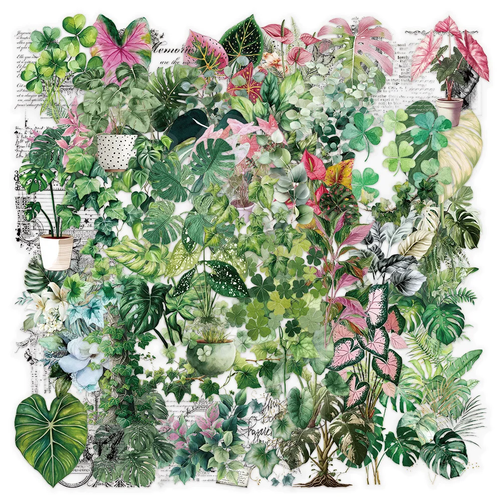 50 Pcs Green Plant Leaf Stickers Transparent PET Waterproof Decals for Laptop Journal Pencil Case Stationery Gift