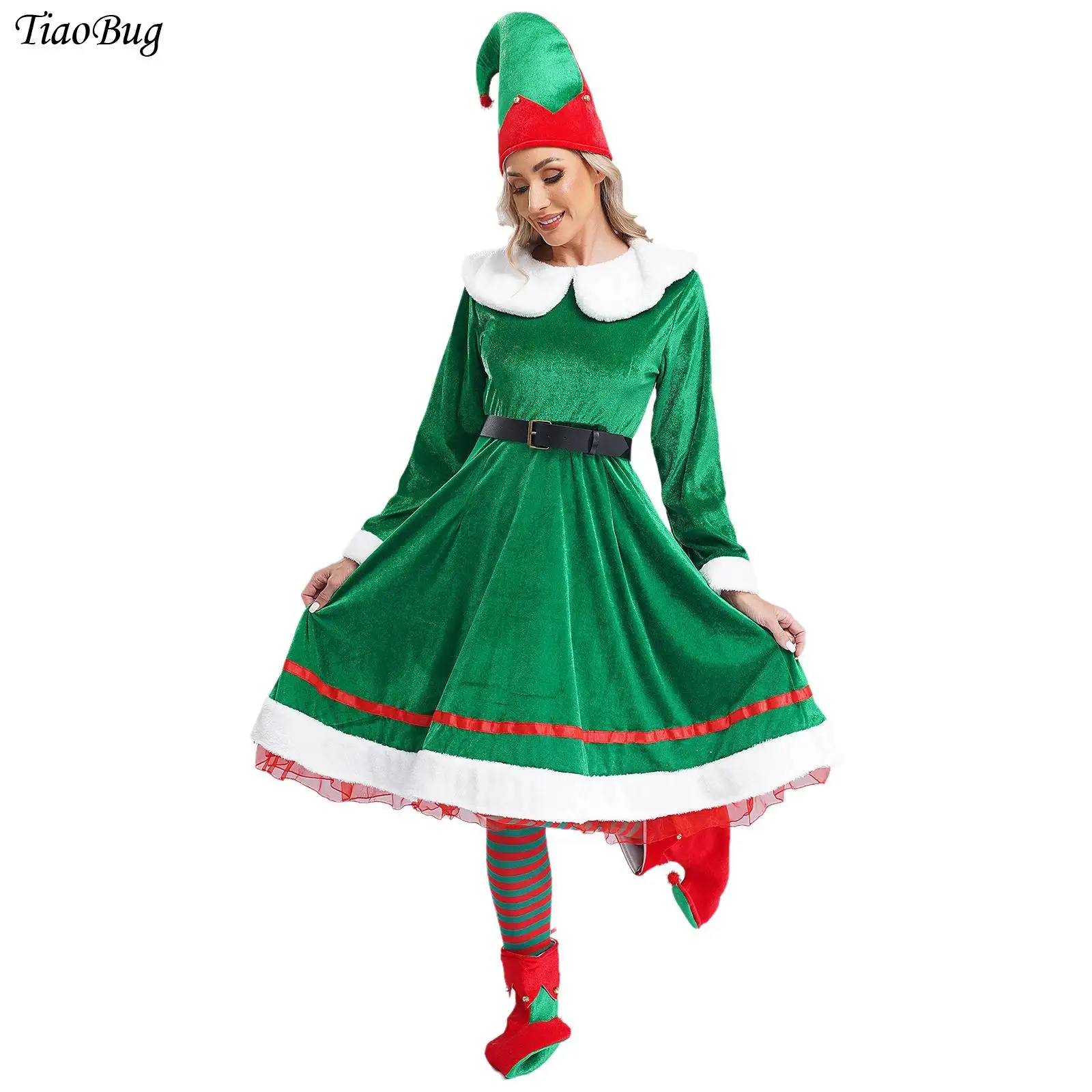 

Women Christmas Green Elf Costume Flannel/Velvet Dress with Belt Hat Stockings Shoes Sets for New Year Party Santa Claus Costume