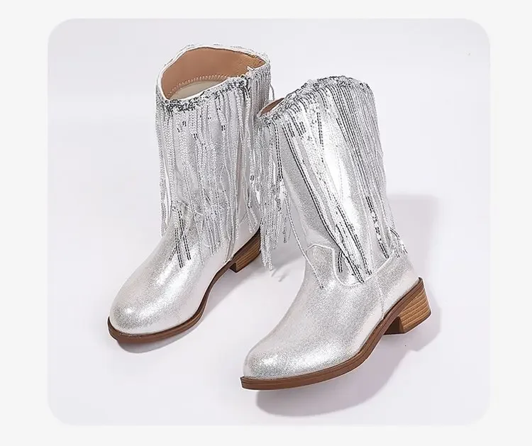 Glitzernde Silber-Gold Fransen Western Cowboystiefel für Teenager-Mädchen, Niedriger Absatz Seitlicher Reißverschluss Retro Konzert Bühnen-Outfit Party Modestiefel – Detail 5