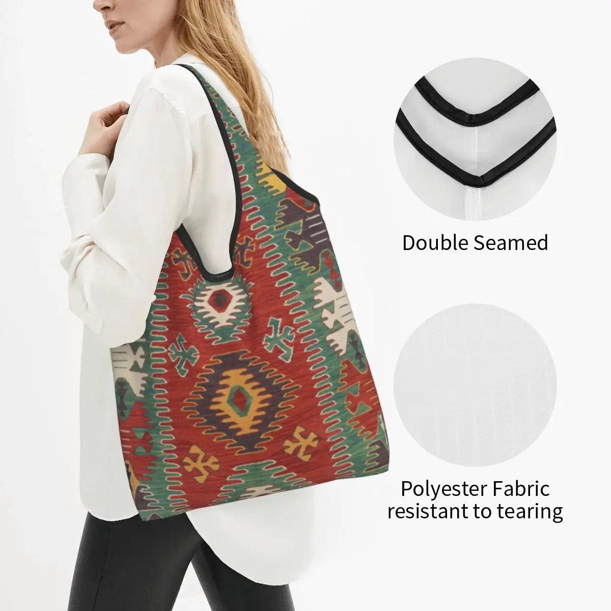 Bohemian Persian Style Turkish Kilim Grocery Shopping Bag Shopper Tote Shoulder Bag Portable Geometric Floral Art Handbag