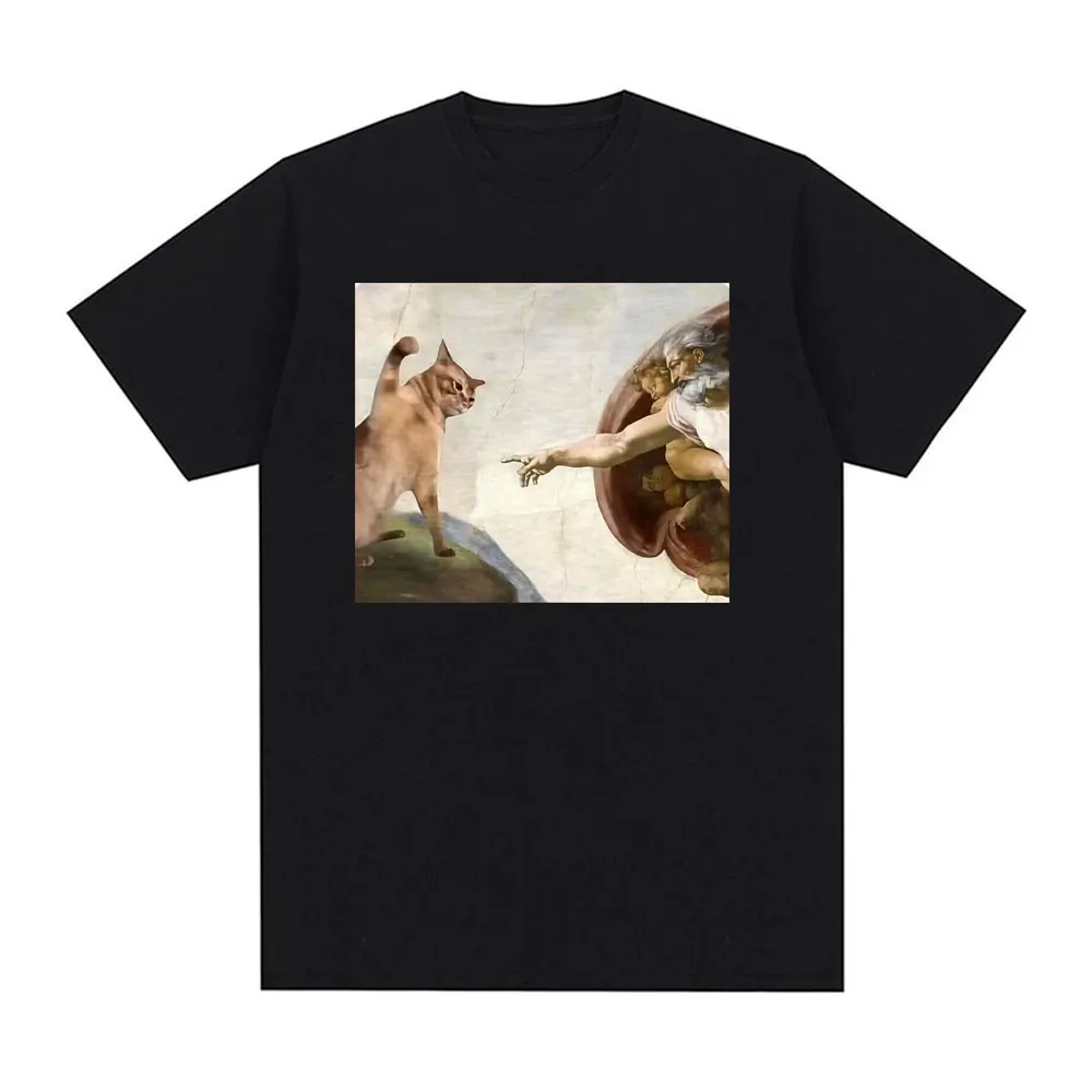 Renaissance Michelangelo Creation Painting Funny Cat Meme T-shirts Men Women Fashion Vintage Cotton Short Sleeve Classic T Shirt