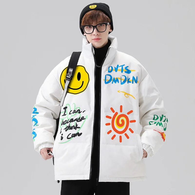 GIOIOMen's Down Jacket，Autumn Winter White Duck Down Filled Inner Liner Stand Collar Graffiti Loose Down Cotton Jacket Coat