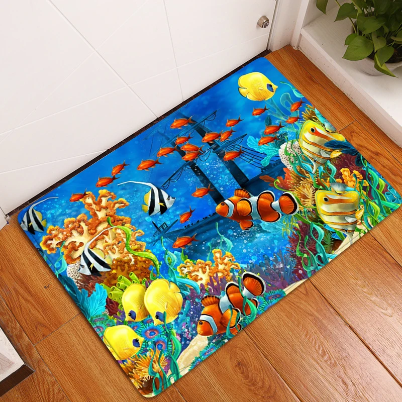 3D Ocean World Fish Carpet Kitchen Mat Entrance Doormat Bedroom Home Floor Decoration Living Room Carpet Bathroom Anti-slip Rug