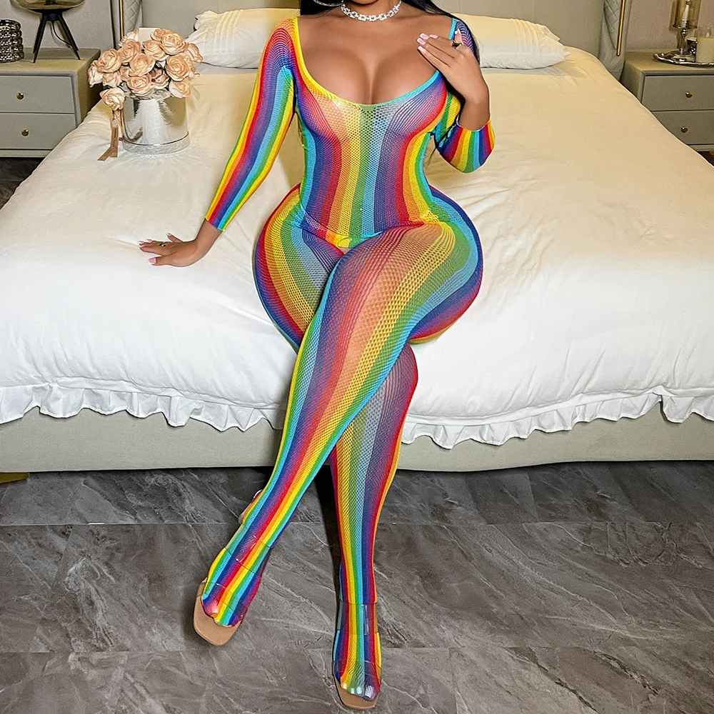 

Fashion Rainbow-colored Stripes Bodysuit Woman Sexy Lingerie Sheer Curve-Hugging Dress Colorful Fishnet Bodystocking Sexy Set