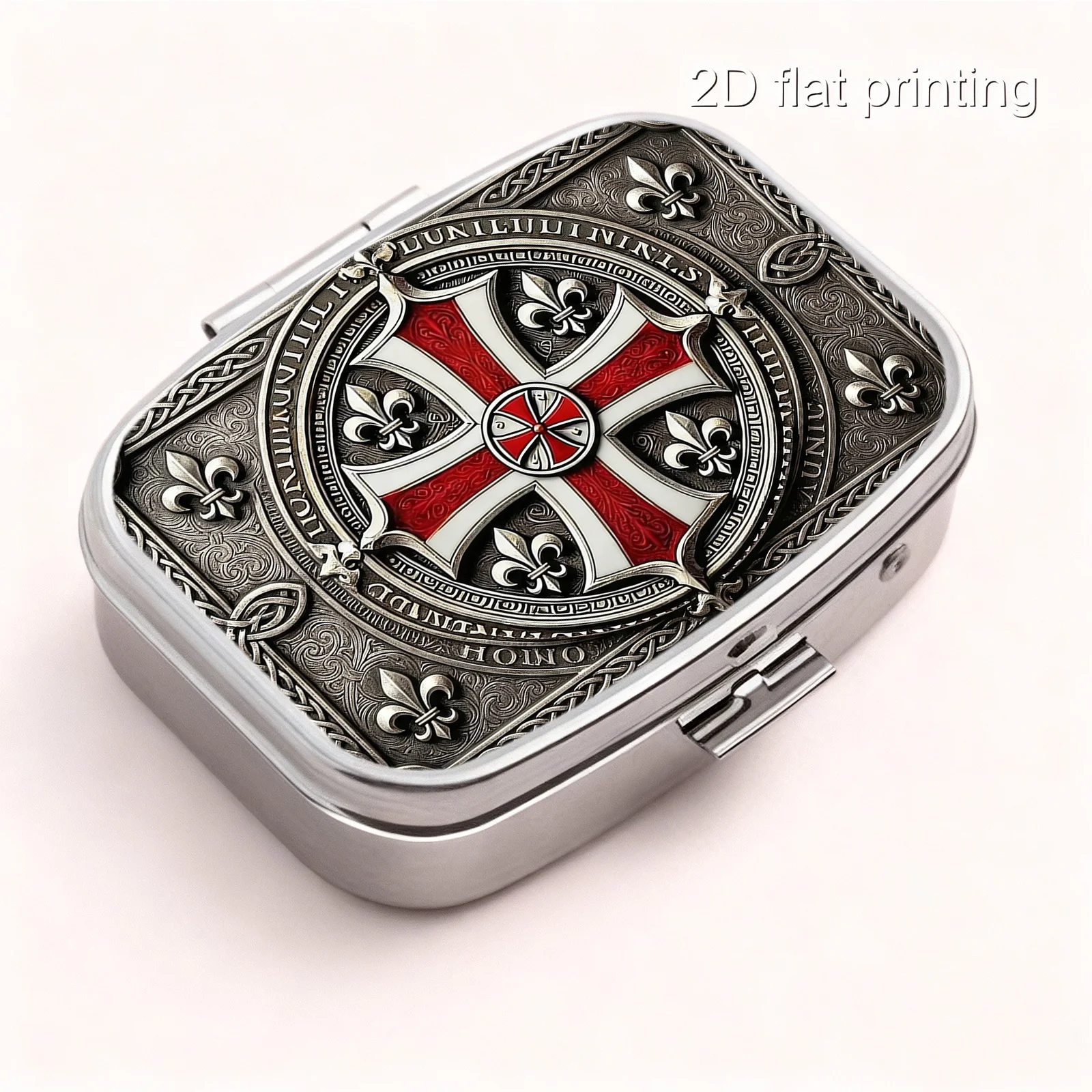 1Pc Flat Printing Prescription Pill Box, Templar Cross Emblem Pattern, Medieval Retro Badge Style - Portable Metal Material - Practical Gift - Suitable for Various Occasions - Square Two-Compartment Storage - Compartmentalized Storage - Small Particle Storage - Small Pill Box - Compact Jewelry Box - Compact Creative Small Jewelry Box, Suitable for All Seasons, Personal Medication Distribution Box