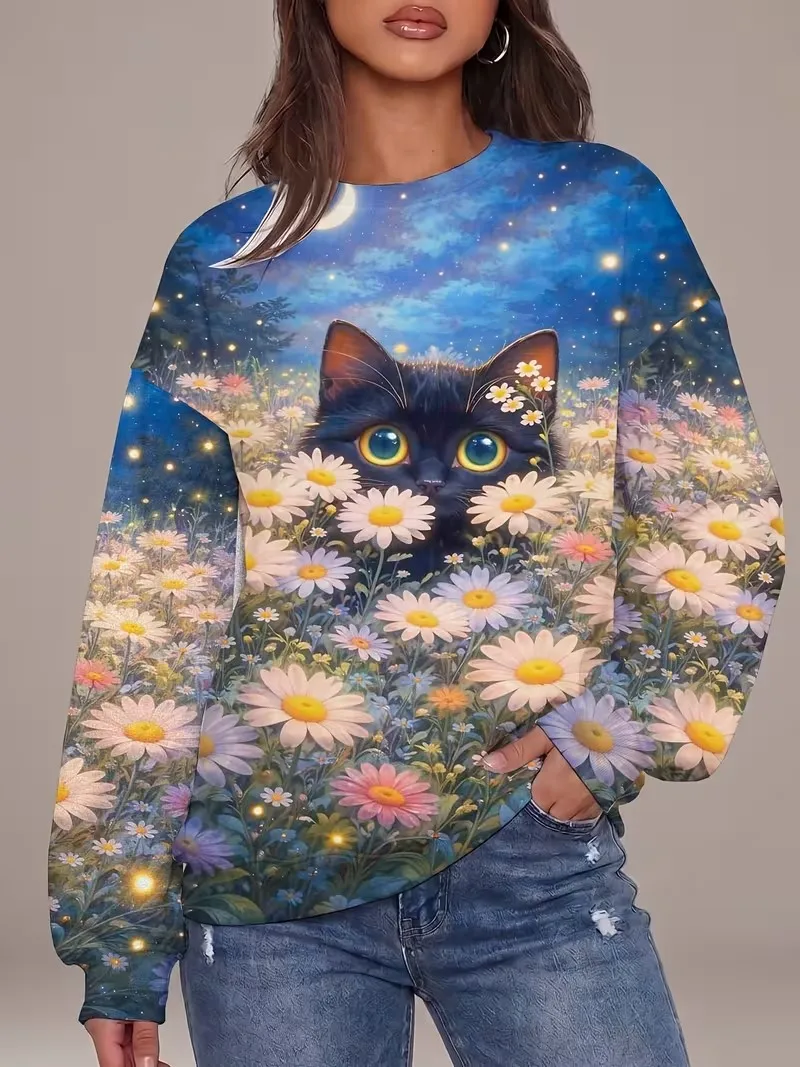 3D-Hoodie mit niedlichem Tiermotiv, lässiger Damen-Hoodie für Herbst und Winter, langärmelig, Rundhalsausschnitt, lockere Sportbekleidung, Oberteile
