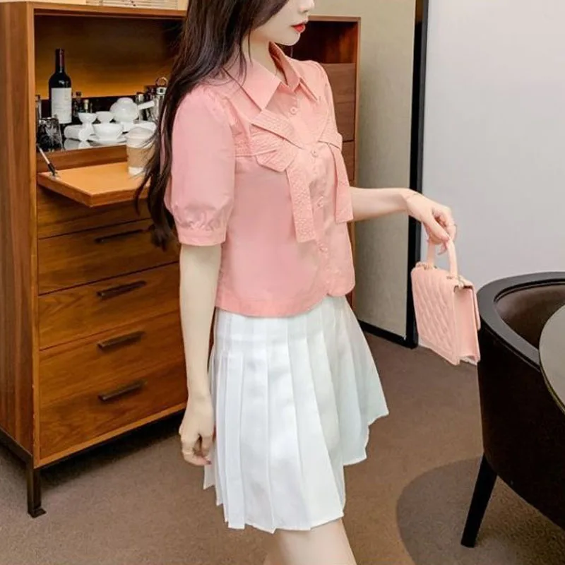 2024 Summer New Women's Blouse Solid Color Polo-Neck Button Spliced Bow Fashion Sweet Loose Puff Sleeve All-match Shirt Tops