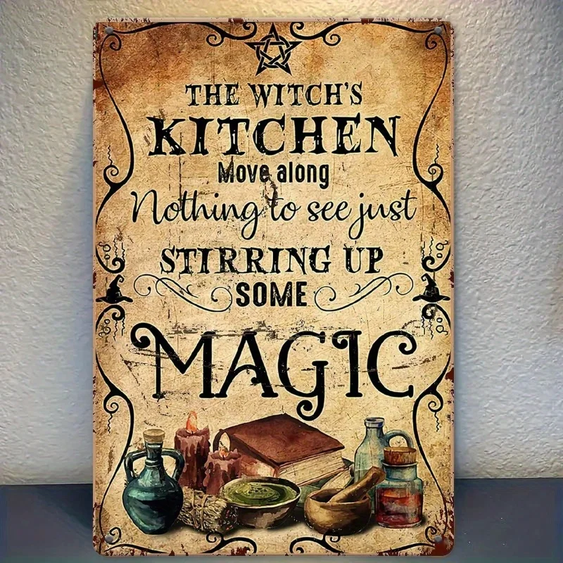 - Vintage Witch'S Kitchen Metal Sign - , Rustic Iron Wall Decor with Spells & Herbal Remedies, Perfect for Halloween, Home, Bar