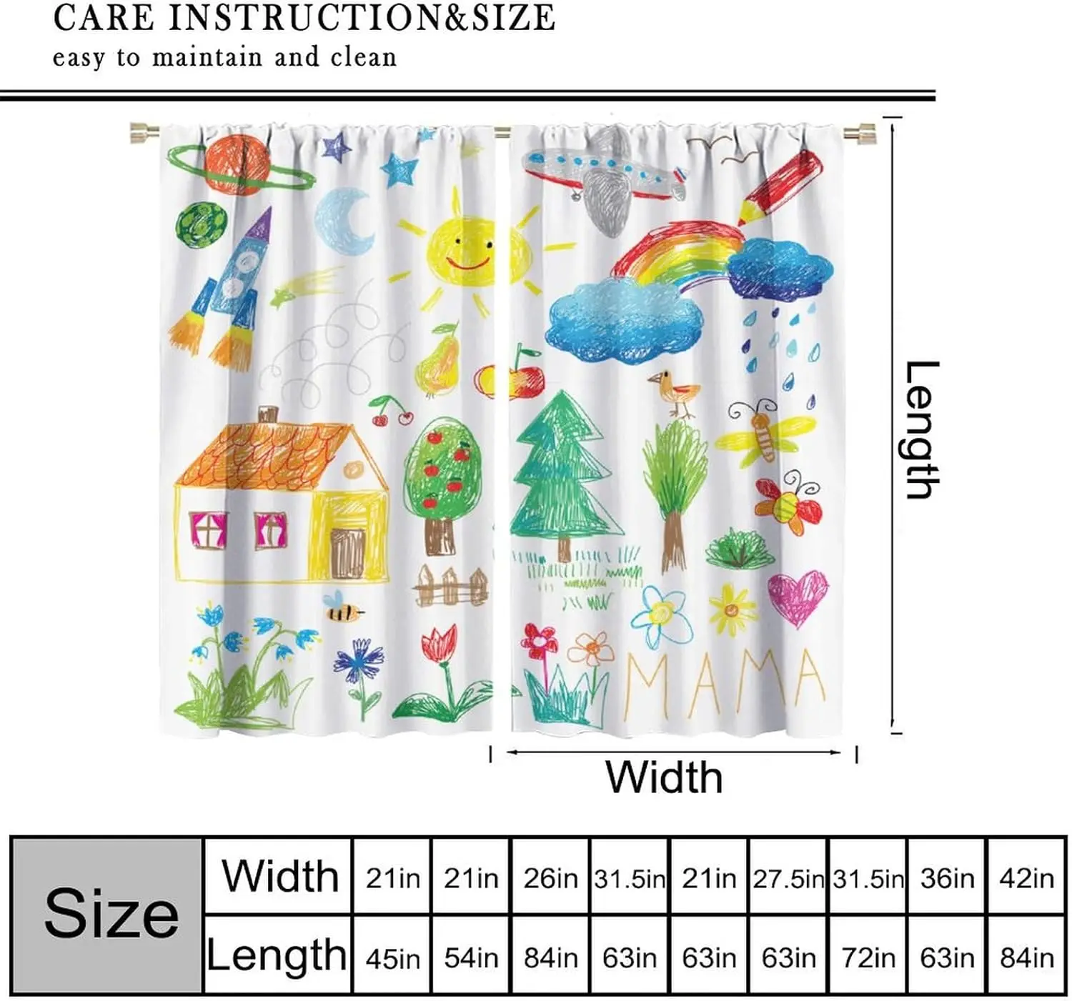 Kids Pencil Graffiti Curtains Educational Learning Blackout Window Treatments for Kids Girls Toddler Bedroom Window Drapes