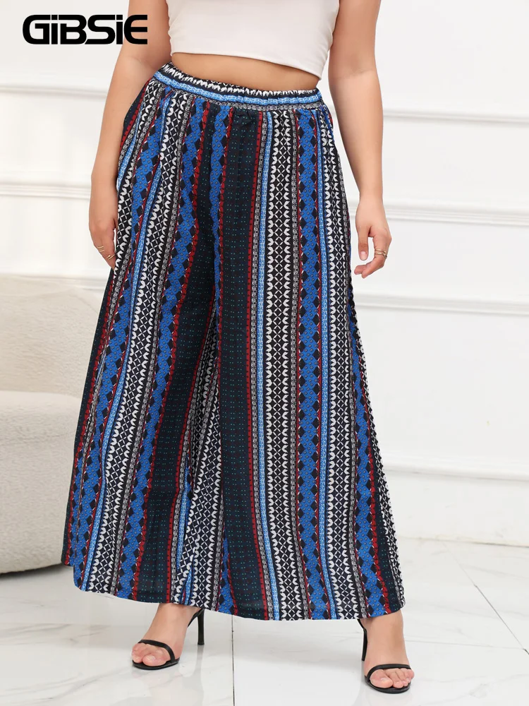 

GIBSIE Plus Size Bohemian Printed Women Trousers 2025 Beach Vacation Casual Loose Elastic Waist Wide Leg Pants With Pockets