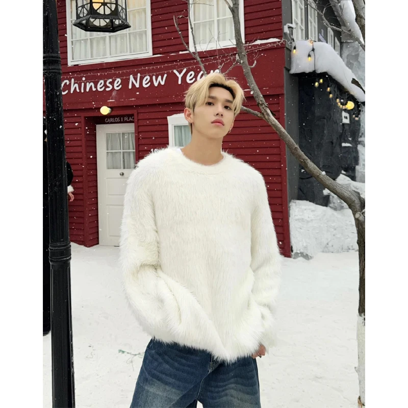 

White Mink Fur Men's Knitted Sweater Winter Faion Brand Lazy Sle Soft Cozy Base Layer Outerwear round Ne Long Sve
