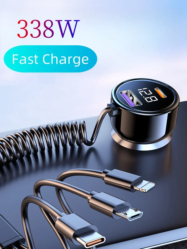 338W USB Car Charger Dual Ports Super Fast Charging Quick Charge 3.0 Car Phone Charger for iPhone Samsung Huawei Xiaomi 3 in 1