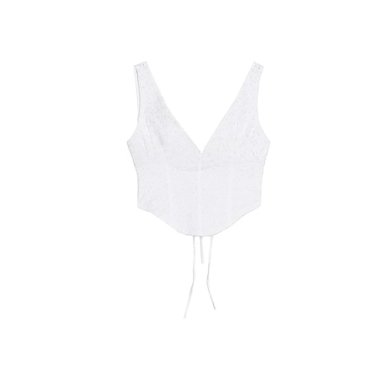 Summer New Women's  Knot Decorated V-ne Hollow Embroidery Slim Wide oulder Strap Top Lace ular Elements All-m...