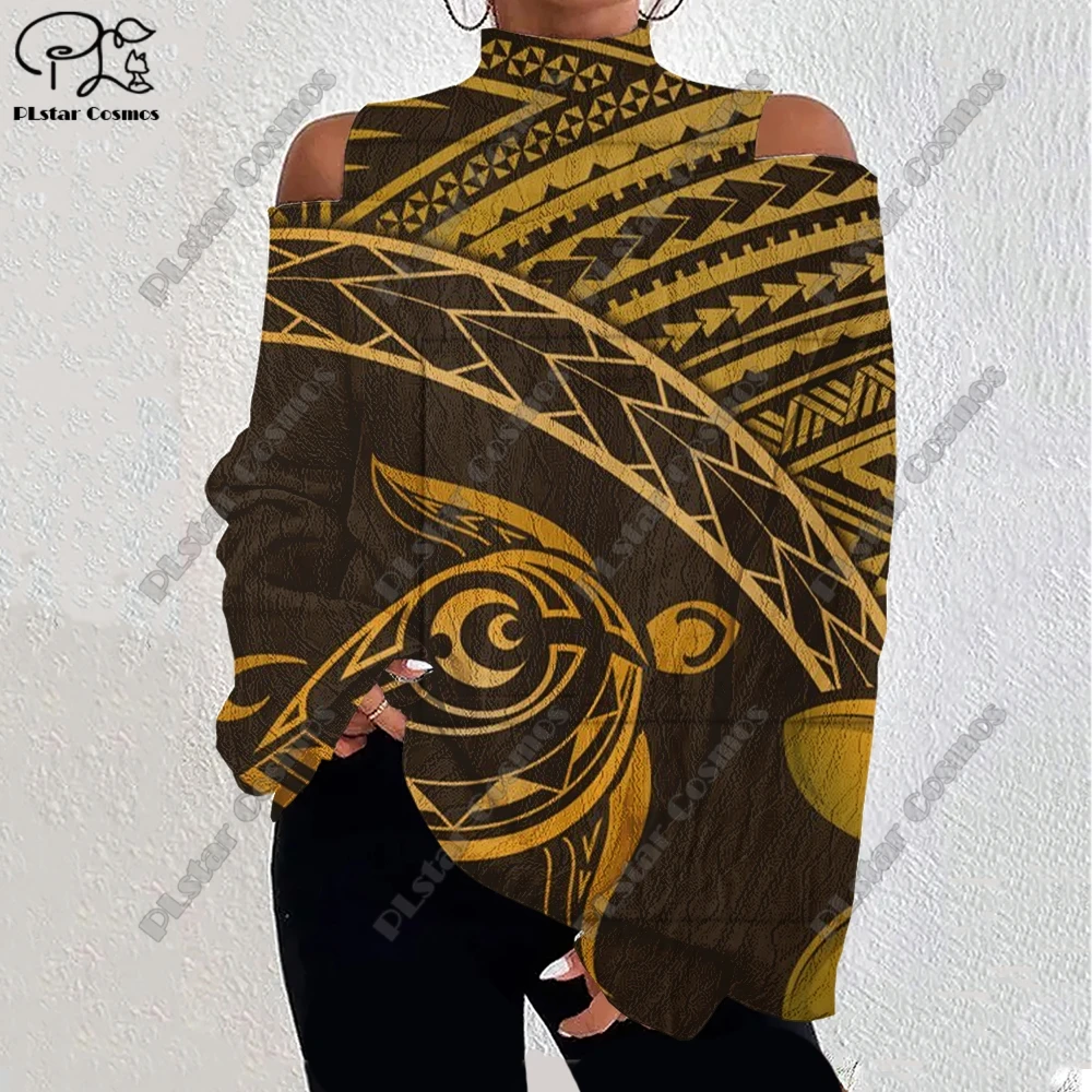 

3D Printing Retro Aboriginal Series Tribal Turtle Art Pattern Women's Lantern Sleeve Off Shoulder Textured Casual Long Sleeve F5