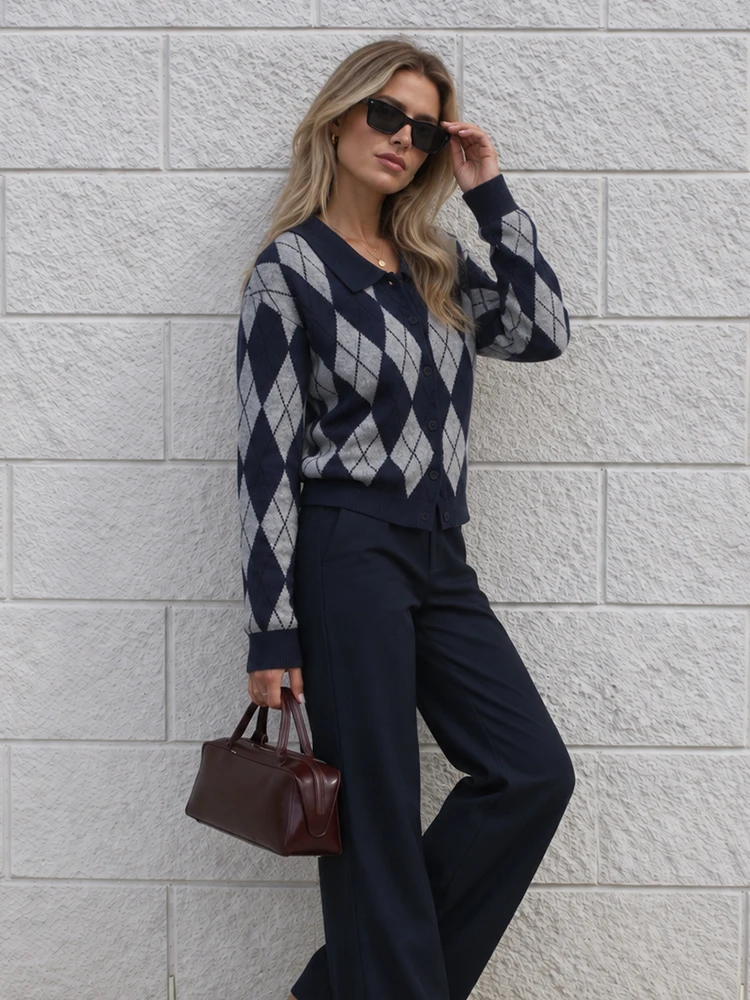 HH Women Spring Fall Argyle Knit Cardigan Polo Collar Button Down Ribbed Hem Cuffs Vintage Sweater For Office Daily Commute view 6