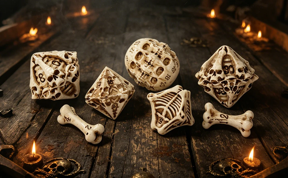 7-teiliges Set aus geschnitzten polyedrischen Würfeln im Knochen-Schädel-Design, Retro-Hohlskelett-Würfelsets für Tabletop-RPG-Party-Brettspiele – Detail 1