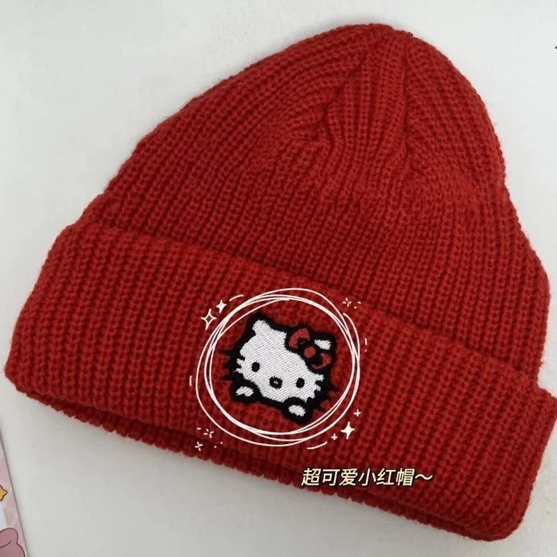 Gorro de ganchillo de Hello Kitty para mujer, gorros de punto de lana cálida, Color sólido, salvaje, invierno y otoño