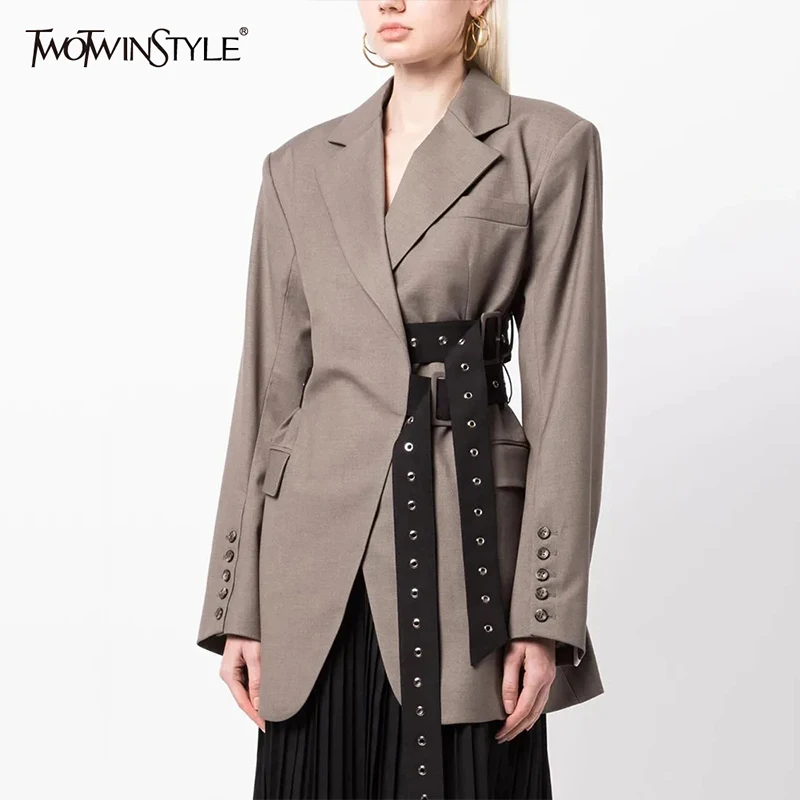 TWOTWINSTYLE Patchwork Belt Chic Blazer For Women Notched Collar Long Sleeve Spliced Pocket Temperament Blazers Female Fashion