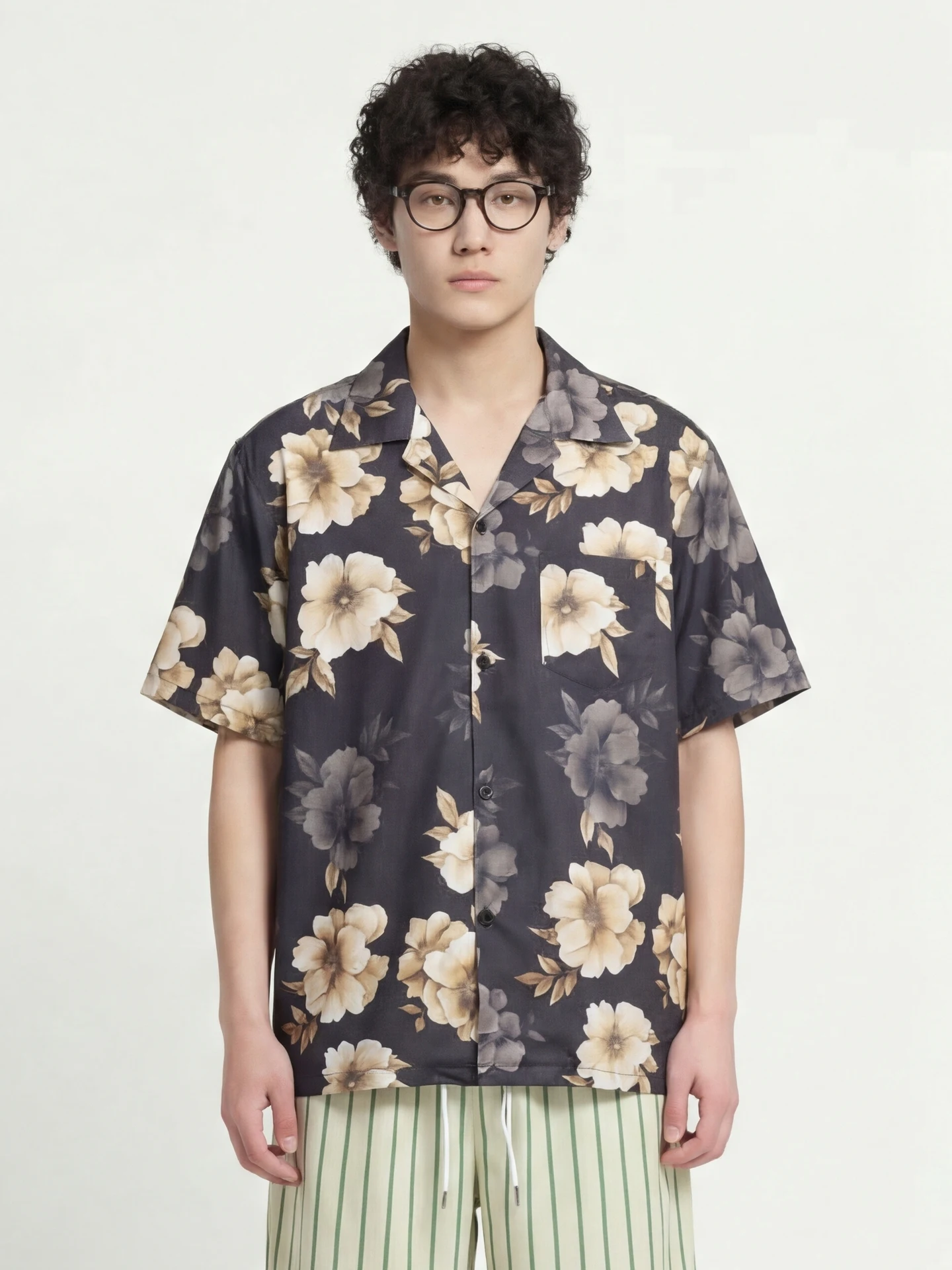 

Loose Cuba Collar ort Sve Floral Print irt for Men And Women Breathable Polyester Fiber Summer Casual Sle Faion