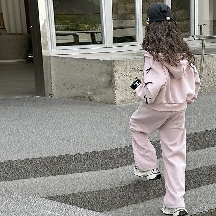 سترة قماشية غير رسمية لخريف وشتاء 2025 بفيونكة فضفاضة مخططة على شكل قلب + بنطال واسع الساق للمراهقين مجموعة 4 8 10 12 14 15 سنة