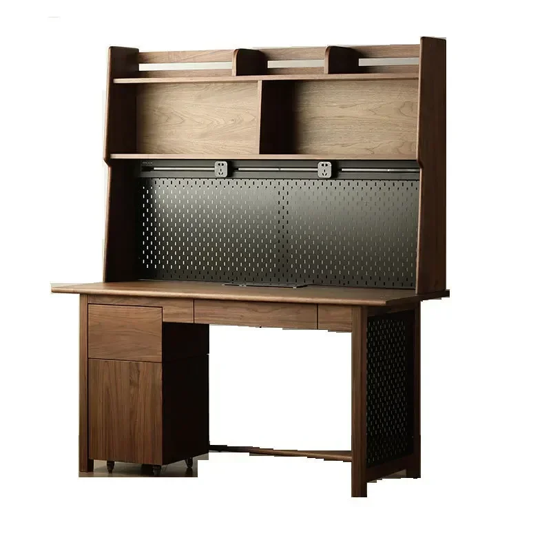 

Black walnut all-solid wood bookshelf integrated against the wall Nordic small apartment combination desk