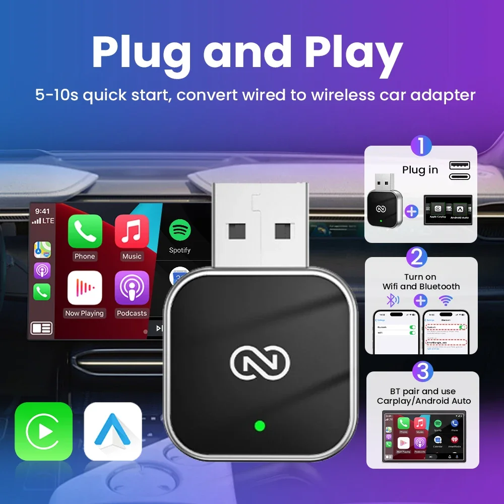 

Автомобильный беспроводной адаптер CarPlay 2 в 1, преобразователь Android Auto Plug and Play, проводной в беспроводной адаптер для Apple CarPlay Android Auto