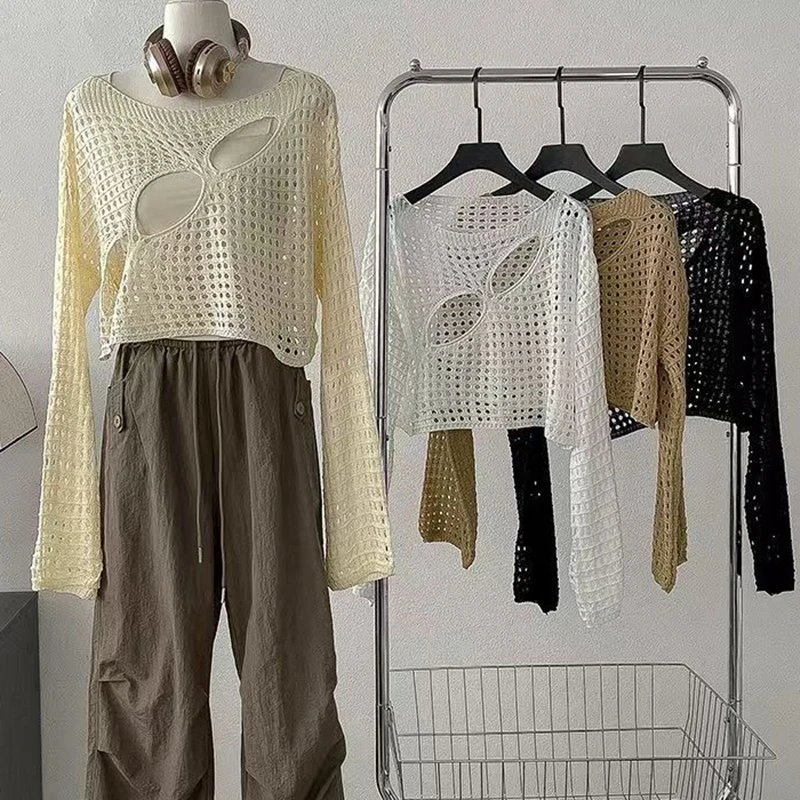 

Вязаный крючком топ с расклешенными рукавами, сетчатый свитер с вырезами, летний пляжный бикини, ажурный укороченный пуловер, блузка, женский наряд в стиле бохо