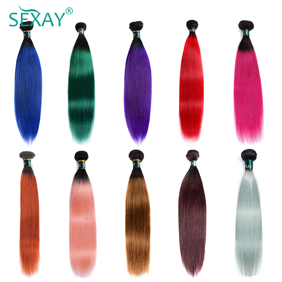 Straight Ombre Weave do cabelo humano, cinza alaranjado, Sexay, brasileiro, azul, turquesa, roxo, rosa, 2 tom, 28 ", 1B