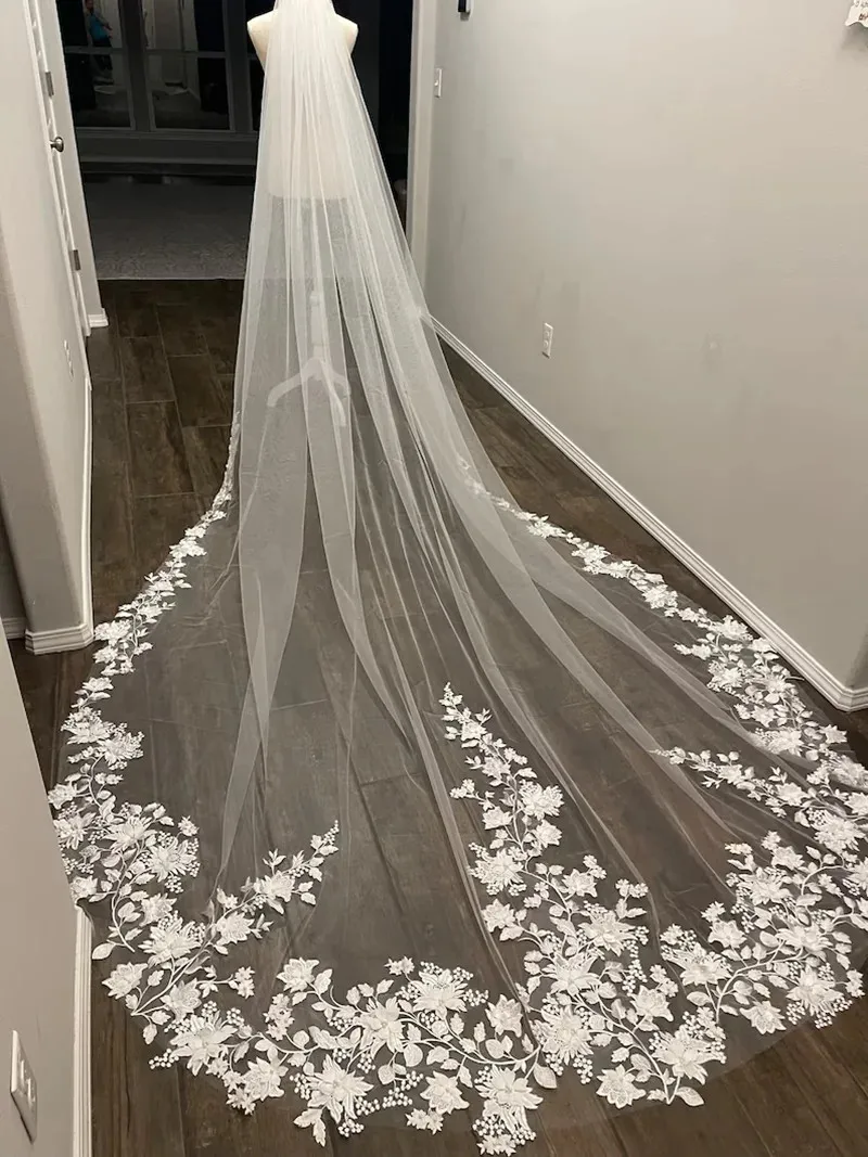 Gorgeous Lace with Pearls & 3D Flowers One Layer Cathedral Length Wedding Veil for Bride image 3