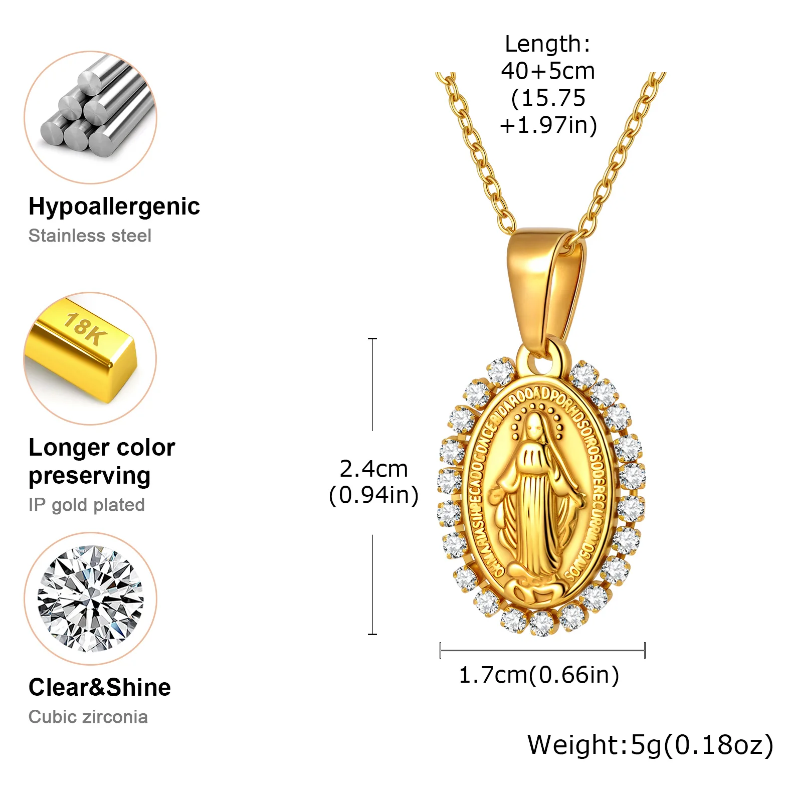 Personalisierte Zirkon-Halskette mit Jungfrau Maria-Anhänger für Frauen, vergoldete Halskette aus Edelstahl, religiöser Gebets-Amulett-Schmuck – Detail 9