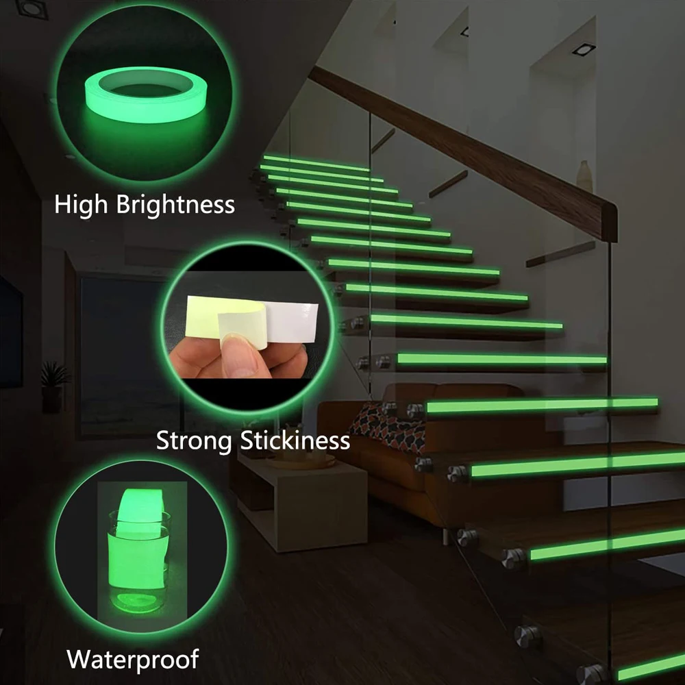 Cinta adhesiva fluorescente impermeable que brilla en la oscuridad, cinta de advertencia para escaleras, suministros de escenario, decoración