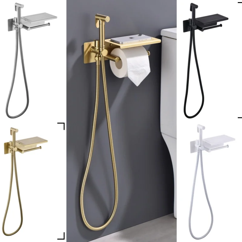 

Brushed Nickel Gold Brass High Pressure Spray Main Body With Mobile Phone Storage Paper Towel Rack Bathroom Cleaner Set