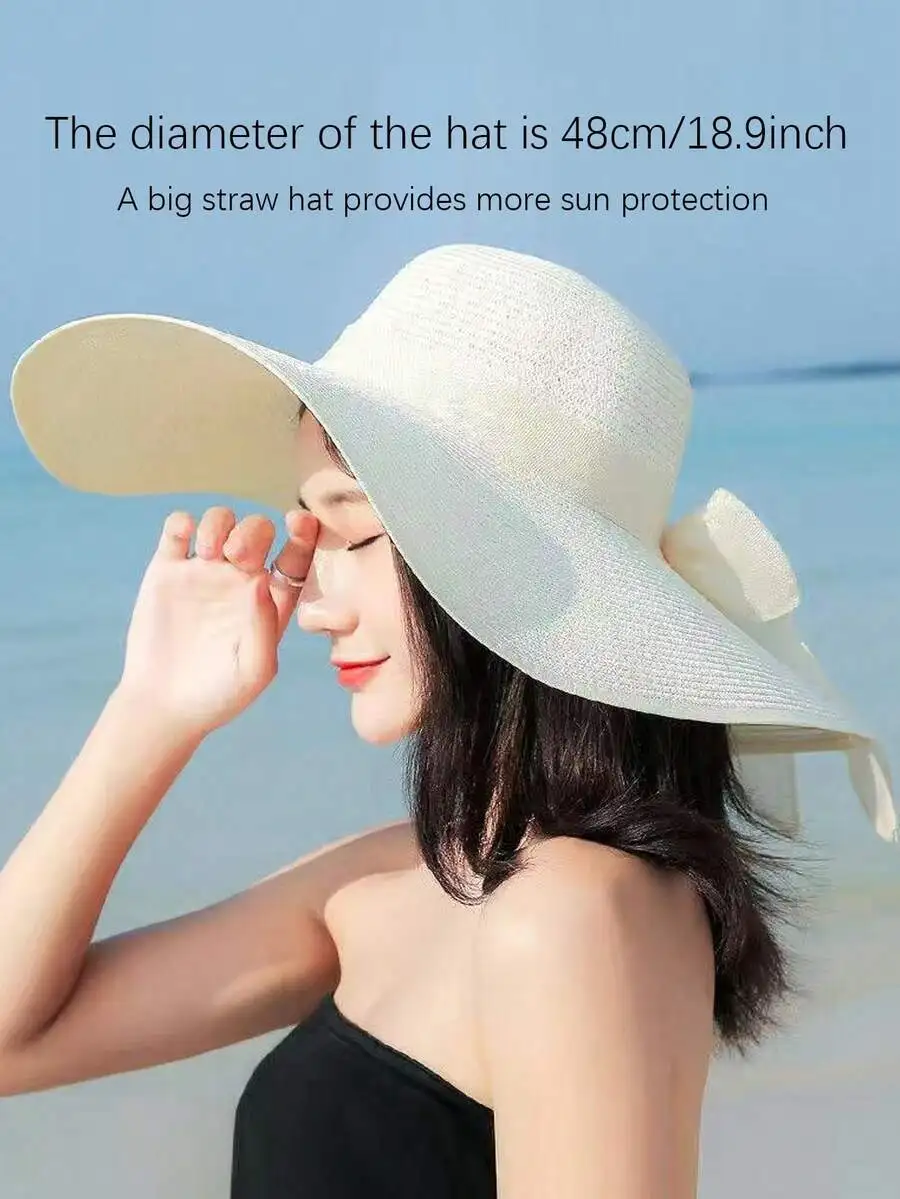 2025 New Extra Wide Brim Straw Hat, Women's Sun Protection Beach Hat, Summer Foldable Casual Elegant Polyester Bowknot Decor