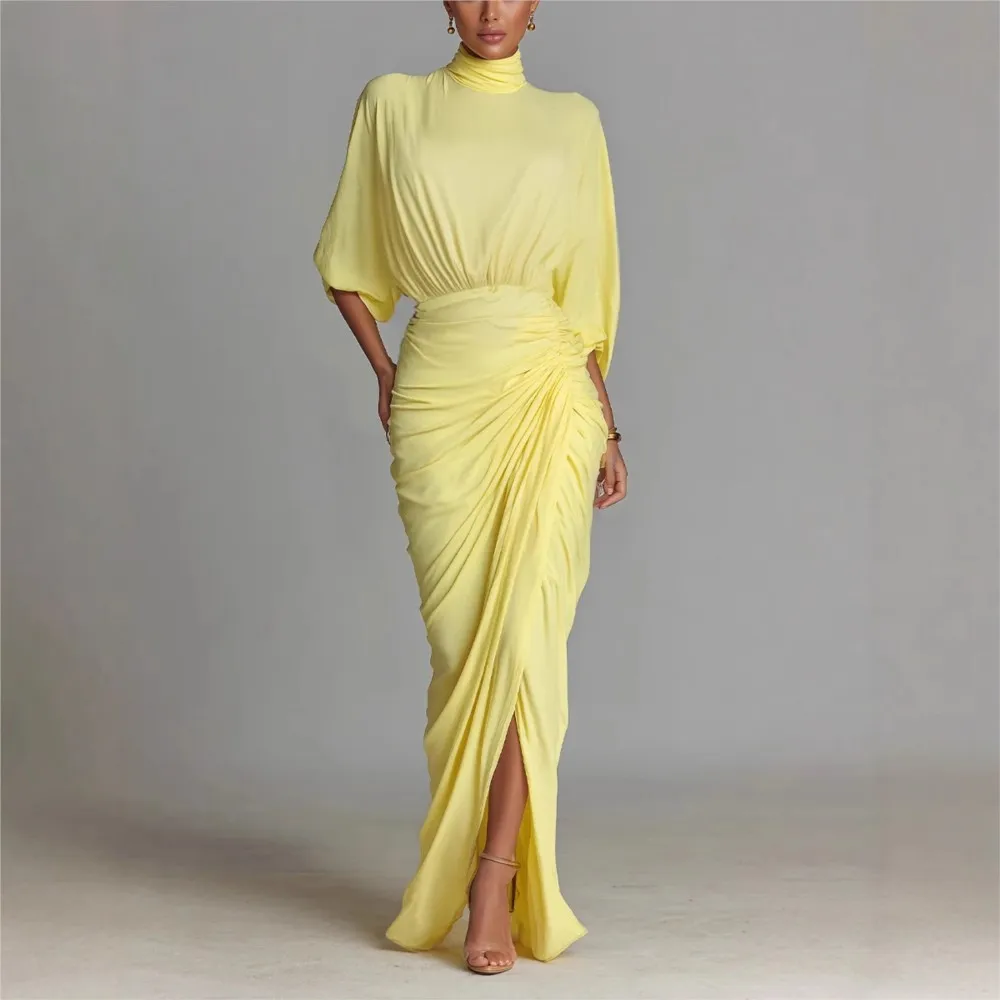 

Women's Fashion Wrinkled Waist Temperament Yellow Dress Autumn High Neck Long Irregular Slit Elegant Slim Female Banquet Dresses
