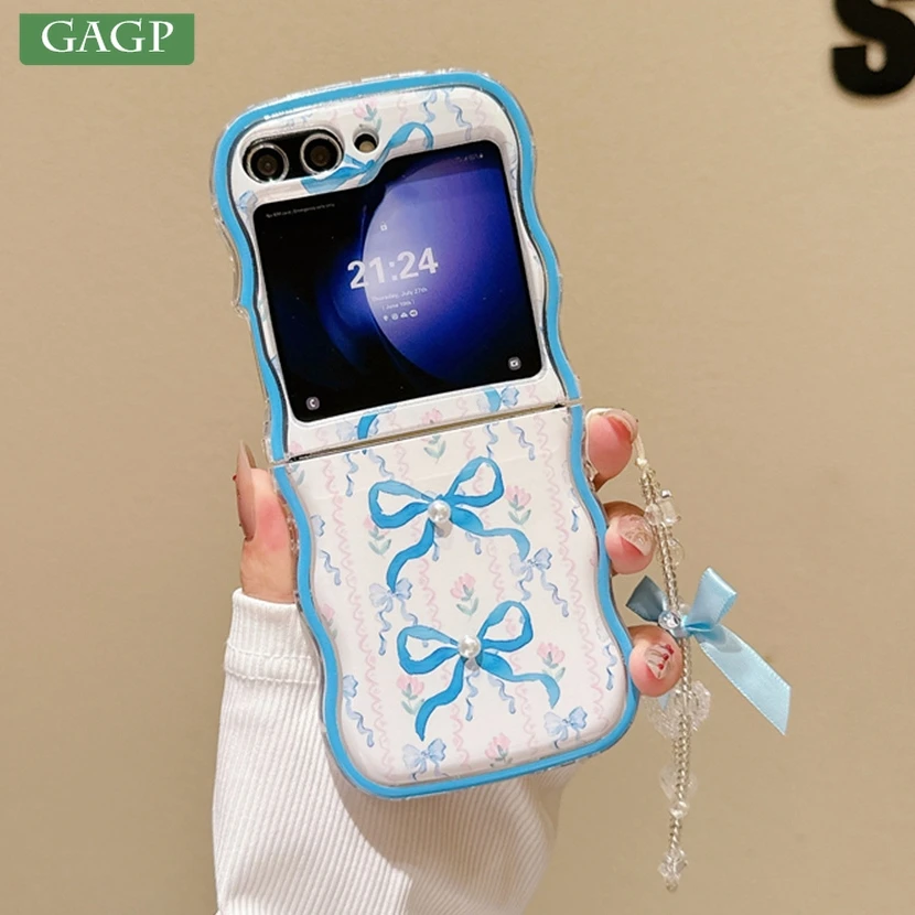 For Samsung Galaxy Z Flip 6 5 Flip 4 3 Case Cute Bow Knot Pearl Wave Wrist Chain Flower Cartoon Soft Silicone Thin Back Cover