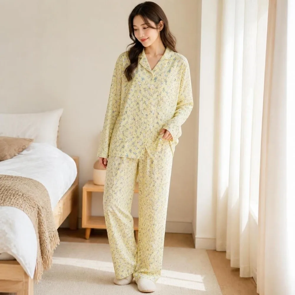 Long Sleeve Women's Pajamas Set Floral Dog Rabbit Long Sleepwear Set Lapel Neck Cartoon 2 Pieces Pajamas Set Student Girls