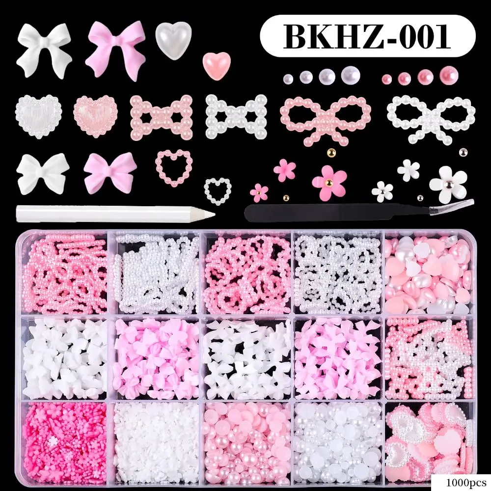 

Flatback Pearls 3D Nail Charms Bow Knot Pink White Heart Moon Star Flatback Pearls Set Nail Stud Rhinestones