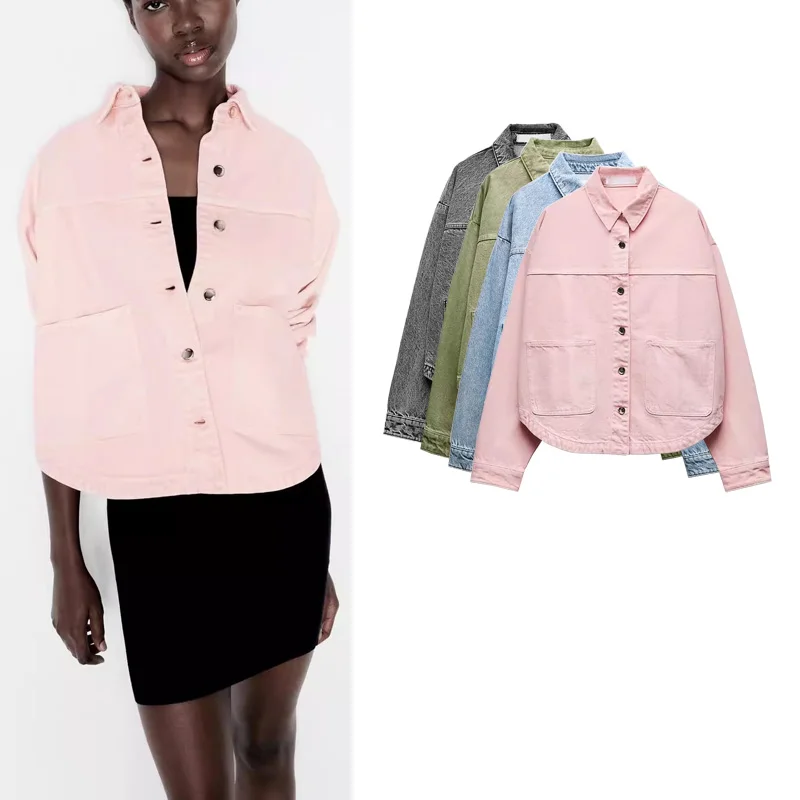 

Spring Commuter Sle Women's Long Sve Denim Jaet Coat with Patch Decor Loose Fit Regular Length Button Closure Outerwear