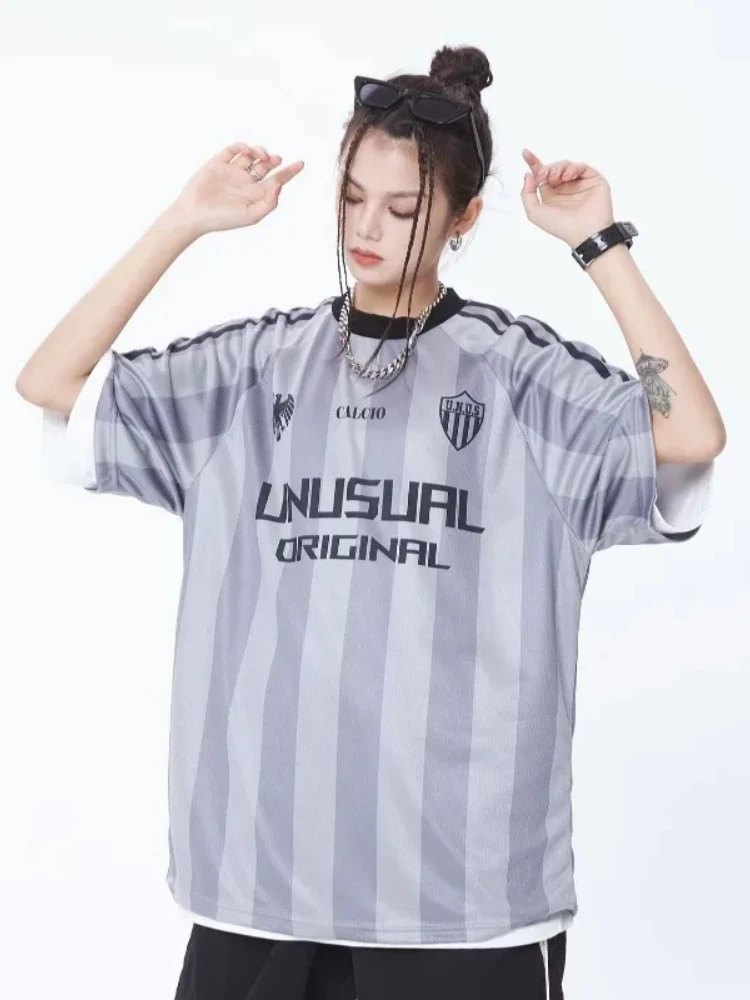 American Vintage Stripe T-shirts Women Letter Contrast Pink Loose Jersey Summer New Cool Y2K Short Sleeve Hip Hop Sports Tops