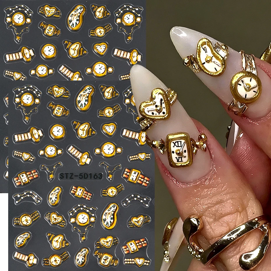 2pcs Gold Clock Nail Stickers Decals 3D Watch Pattern Nail Art Decals Sliders Nail Charms Foils Decorations Manicure Accessories
