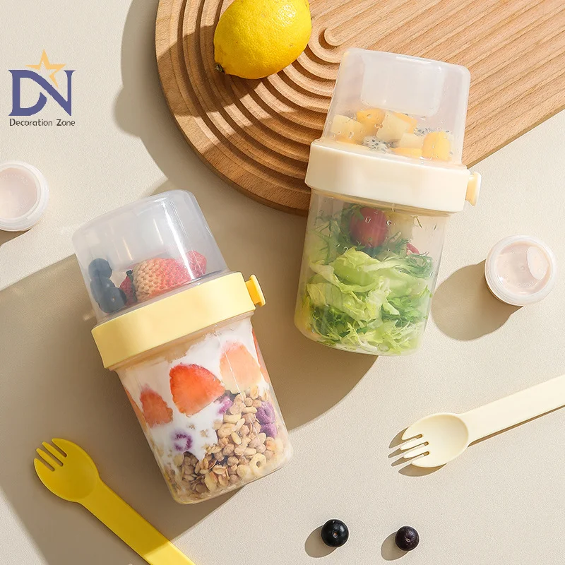 Breakfast Fruit Oat Yogurt Salad Cup With Lid And Spoon Two-layers Food Storage Bento Box Fitness Fat-Reduced Taper Bowl