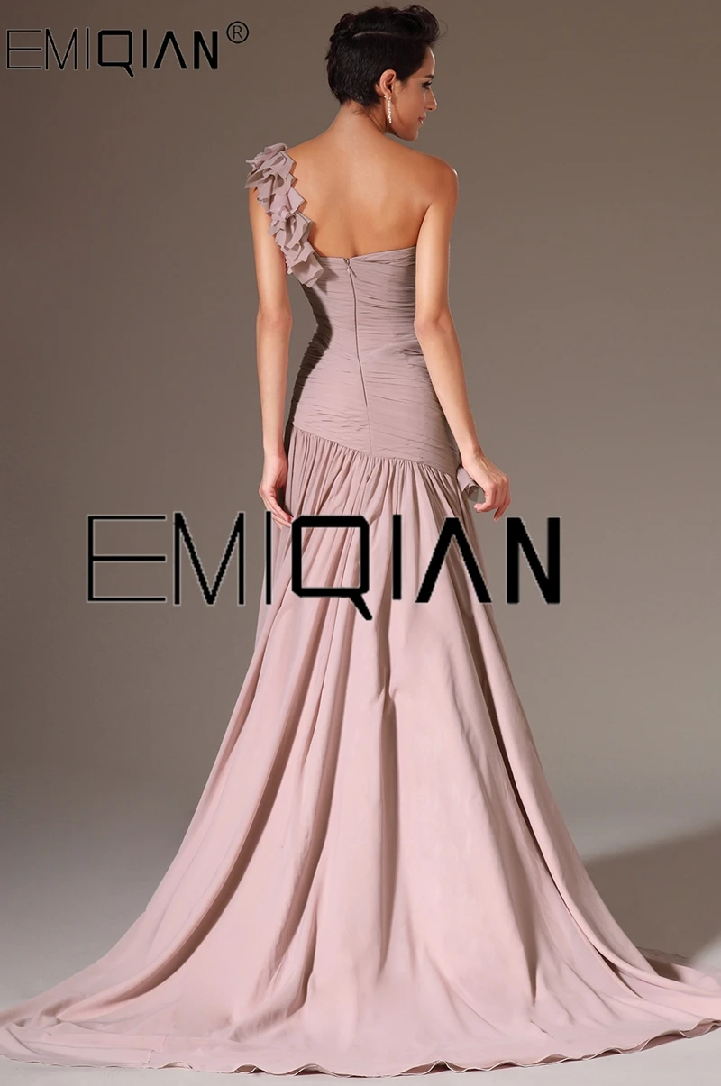 New Fashion One Shoulder with Flowers on Evening Gown Dusty Pink Chiffon Mermaid Evening Dresses