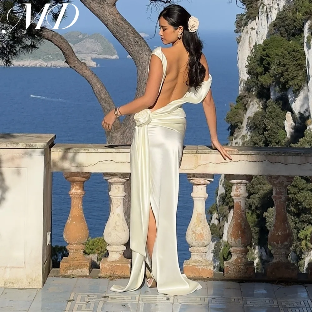 

MD Elegant Beige Spaghetti Strap Evening Gown Backless Sexy Side Slit New Pleat Prom Gown فساتين سهرة customised 2025