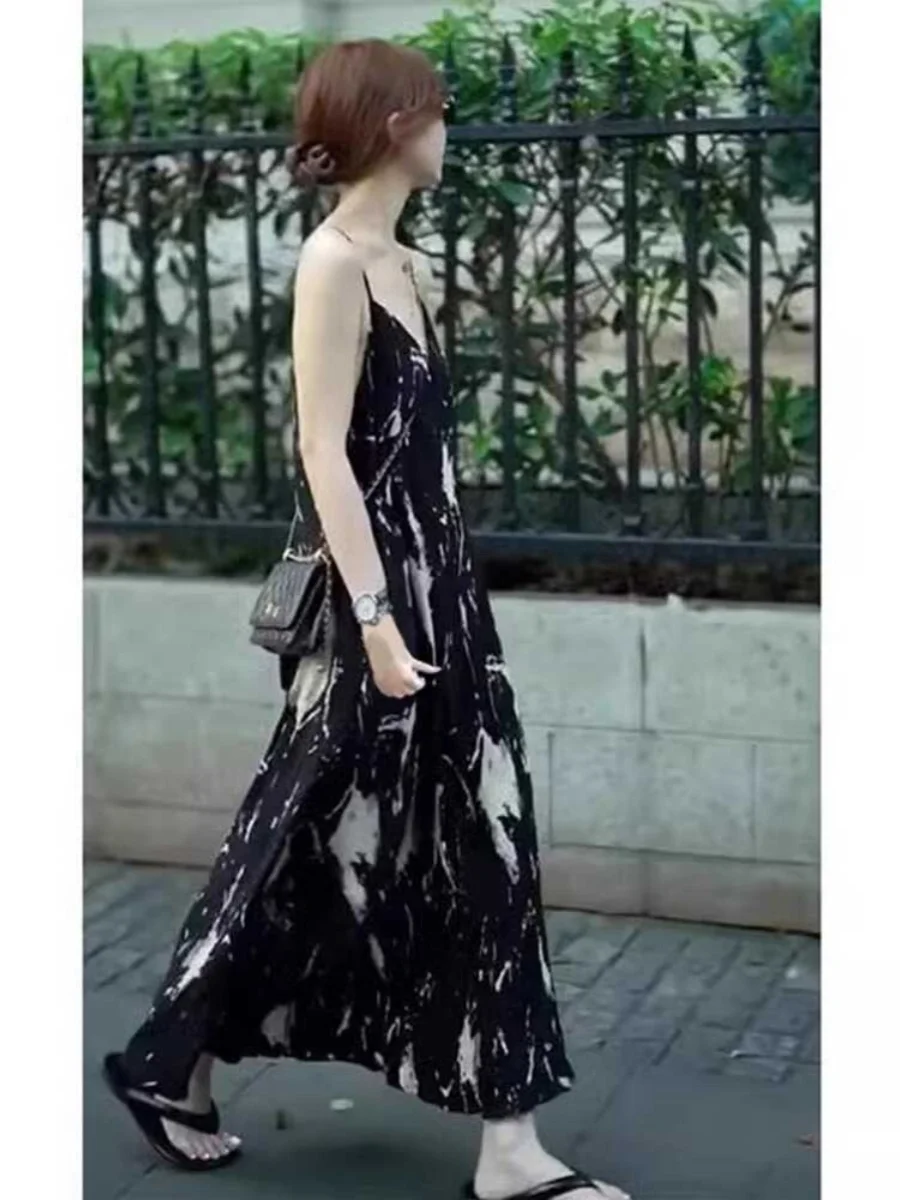 Beach Vaion Long Dr. Bla Ink Print ter Ne Gown Damen Sommer Hohe Taille A-Linie Rock V-Ne Svel Maxi Dr