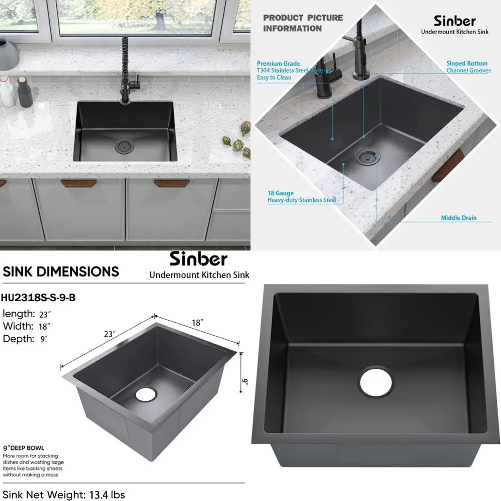 

23x18x9 Inch Undermount Single Bowl Stainless Steel Kitchen Sink with Black Finish, 18 Gauge 304 Material, Sink Only
