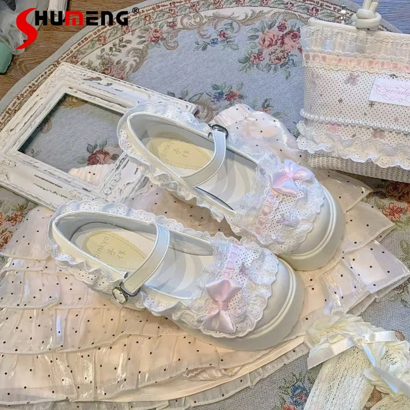 

Cute Sweet Princess Style Lace Mary Jane Shoes Women's Pink Bowknot Pumps Japanese Lolita Style Platform High Heel Single Shoes