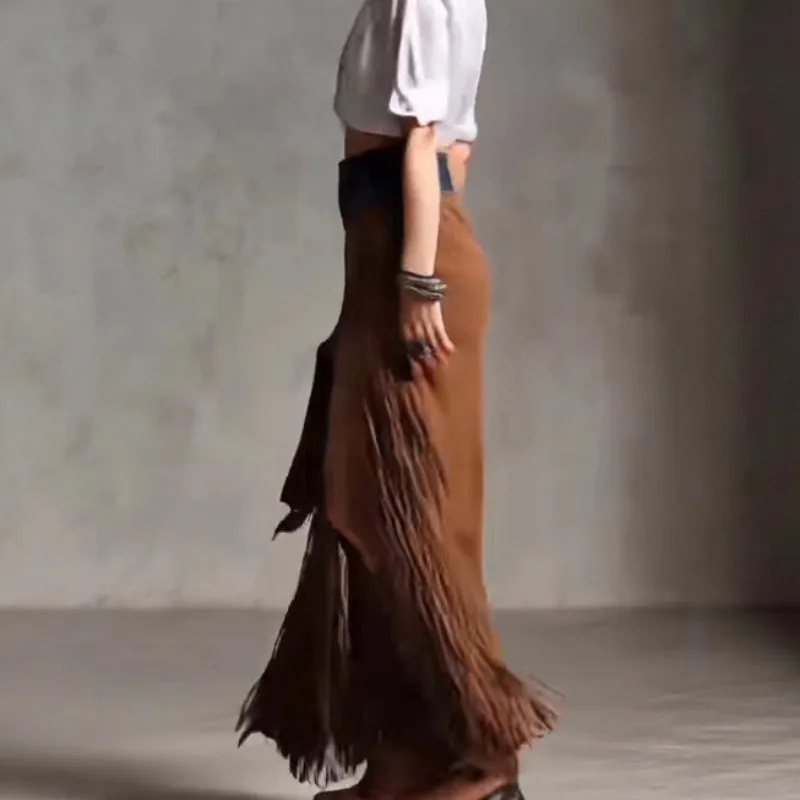 

Tassel Splicing Denim Hem Irregular Suede Skirt Fashionable and Elegant Women's Clothing