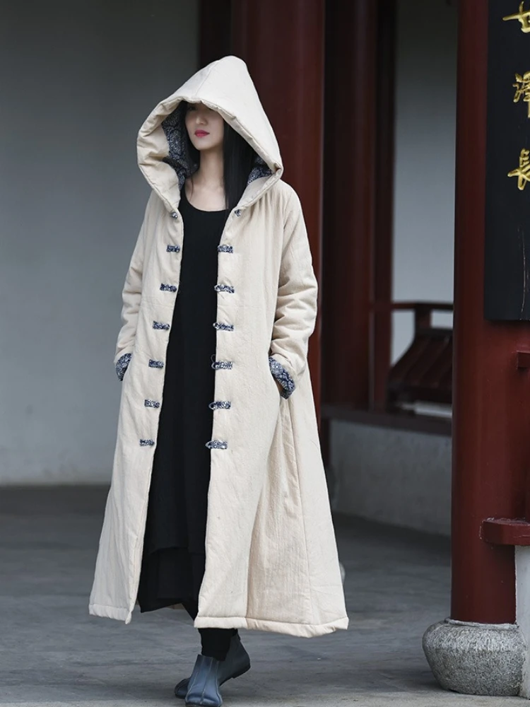 

High Quality Women's Vintage Hooded Parka Coat Cotton Linen Winter Warm Trench Coat Cotton Jacket Single-breasted Original Parka